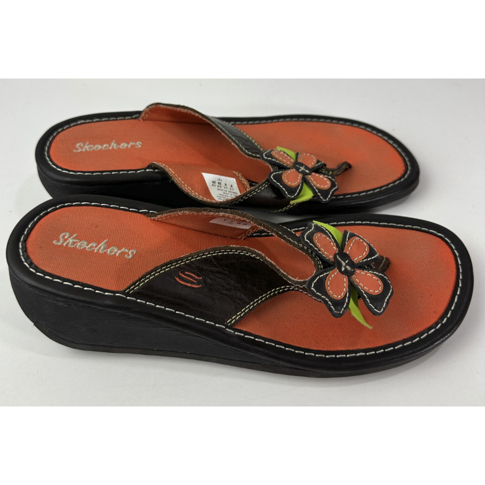 Skechers Y2K Style Flower Flip Flop Sandals Leather Size 9 Hippie Boho Festival - Picture 10 of 14